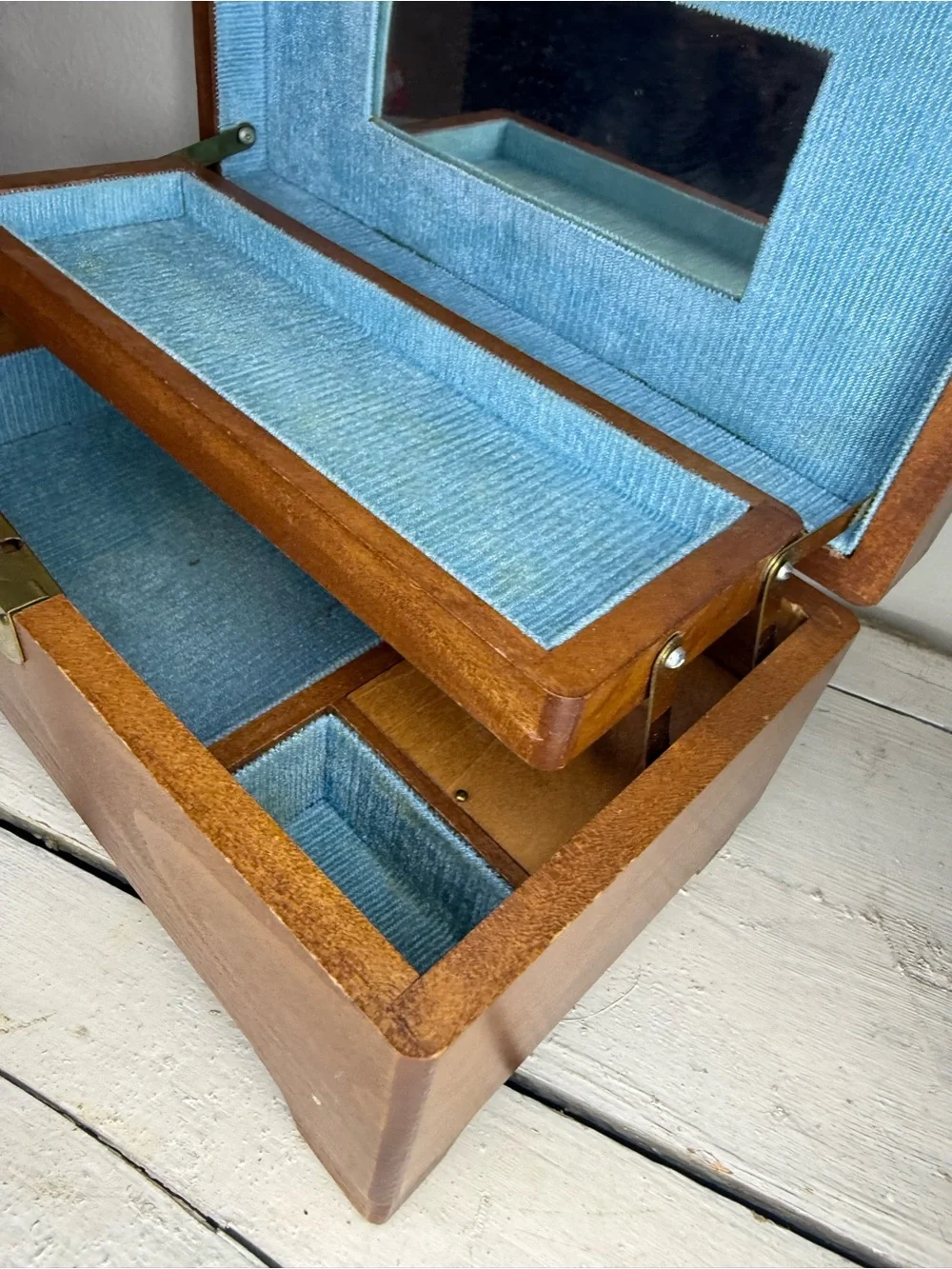 Vintage MCM Wooden Jewelry Music Box WORKS! Japan Mirror Blue Velvet Box